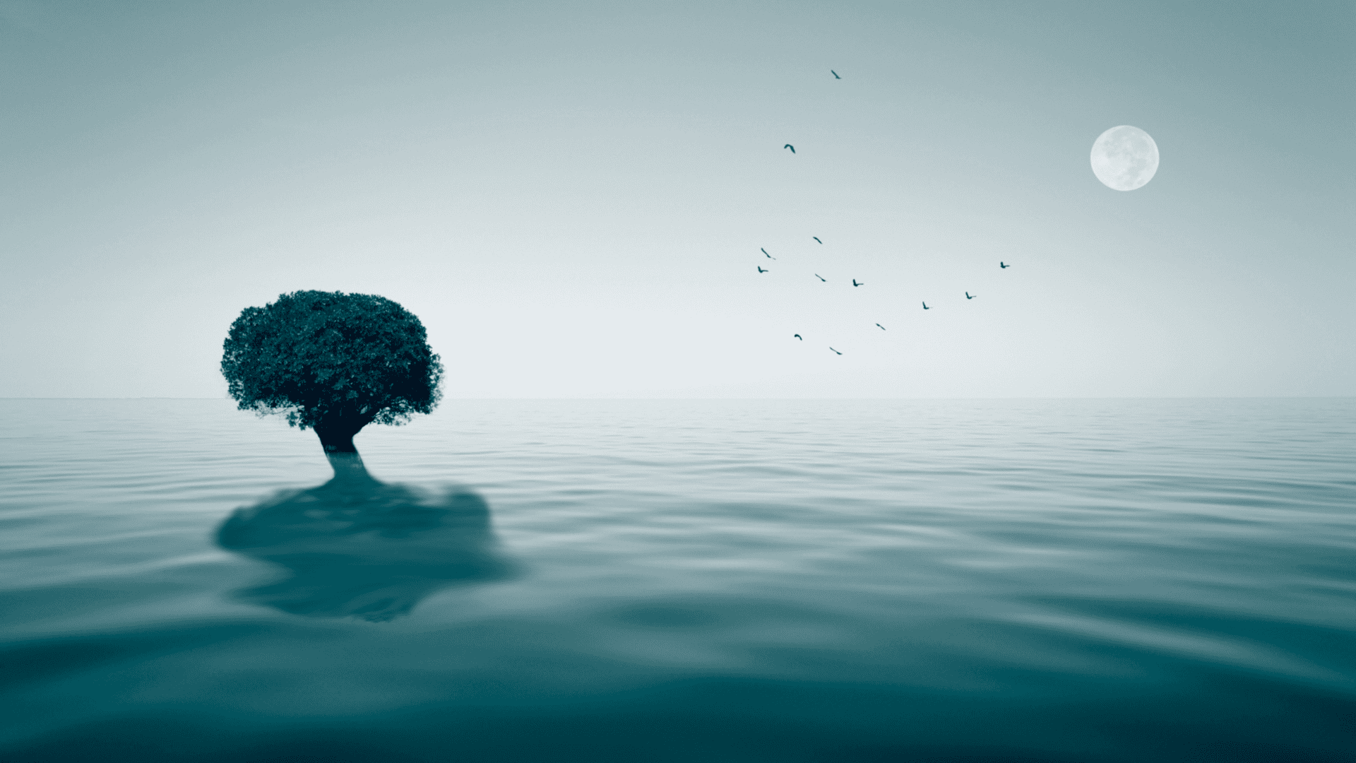 Solitary tree in calm water under the moonlight, symbolizing peace and relief when asking how do I stop a panic attack.