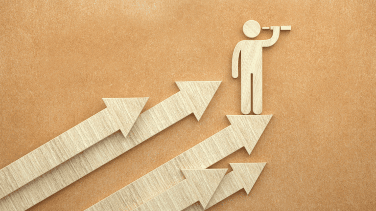 Wooden figure with a telescope standing on arrows, symbolizing leadership presence and vision for future growth.