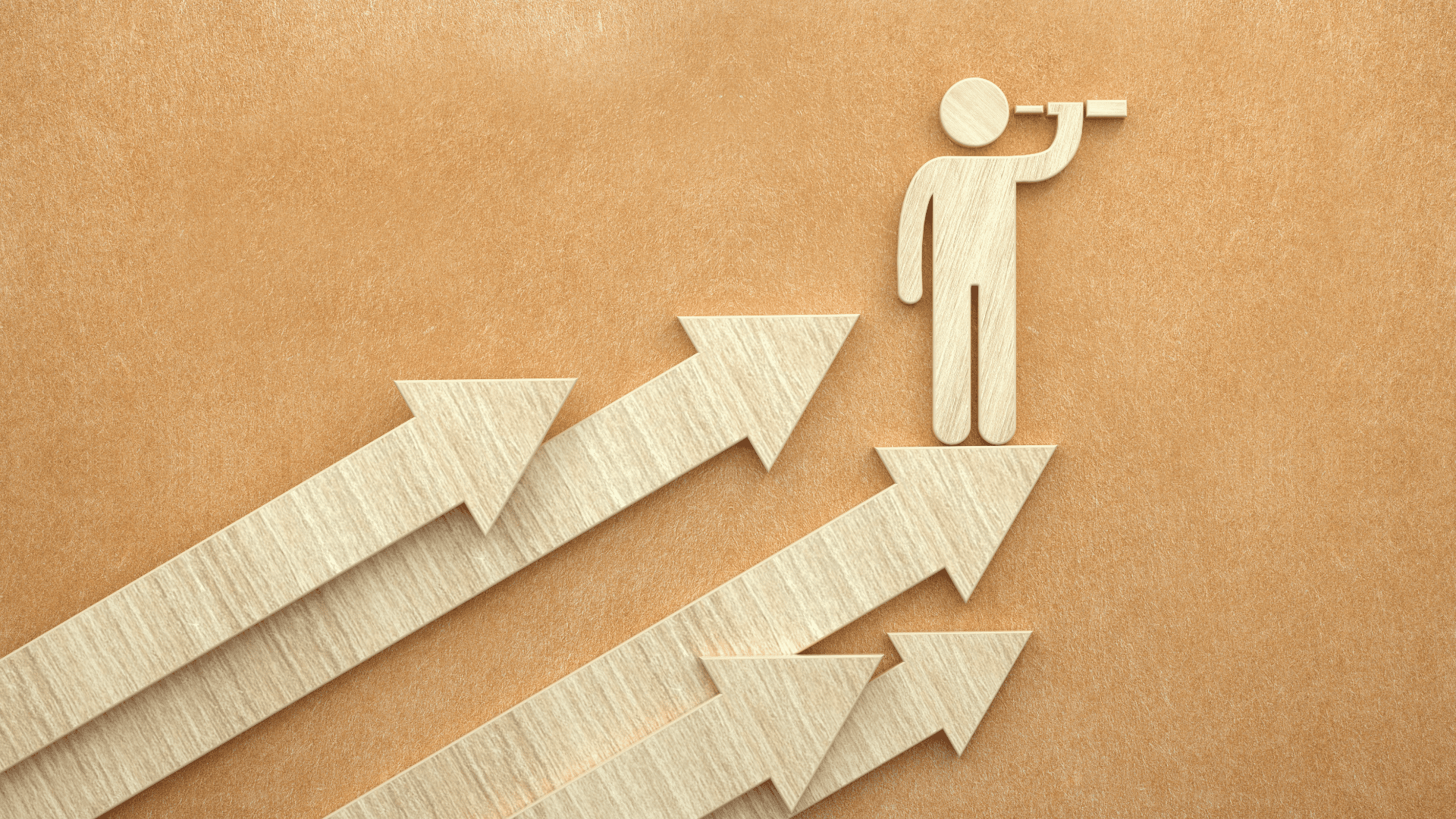 Wooden figure with a telescope standing on arrows, symbolizing leadership presence and vision for future growth.