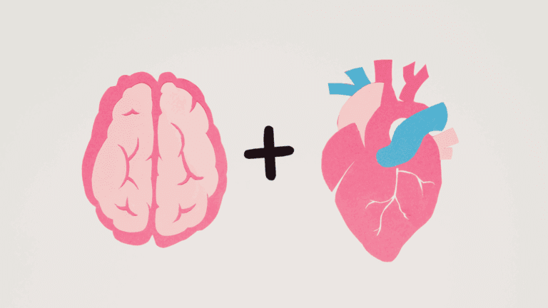 Illustration of a brain and heart side by side, symbolizing the neuroscience of emotional awareness and decision-making.