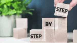 Wooden blocks stacked to form the phrase step by step, symbolizing the neuroscience of micro-changes.