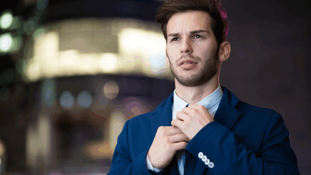 Confident young man adjusting tie, symbolizing the neuroscience of trusting your decisions with clarity and self-assurance.