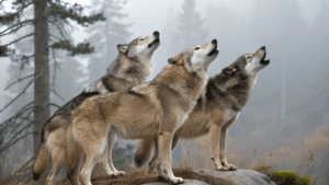 Group of wolves howling in the forest, representing natural hierarchy and alpha vs beta traits in social behavior.