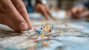 Hand placing pins on a world map, symbolizing discovering your authentic self and finding your place in the world.