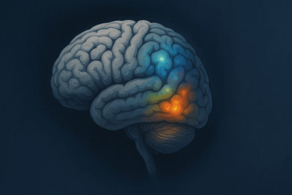 Human brain showing active reward centers in neuroscience of joy.

