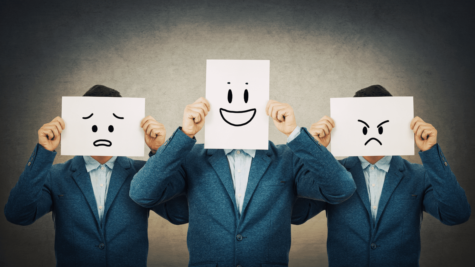 Person holding papers with different facial expressions, representing emotional regulation through cognitive reappraisal.