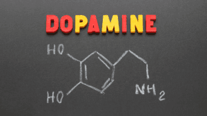 “Dopamine chemical structure drawn in chalk on a blackboard with colorful letters spelling dopamine, symbolizing Dopamine Coaching Neuroscience.”