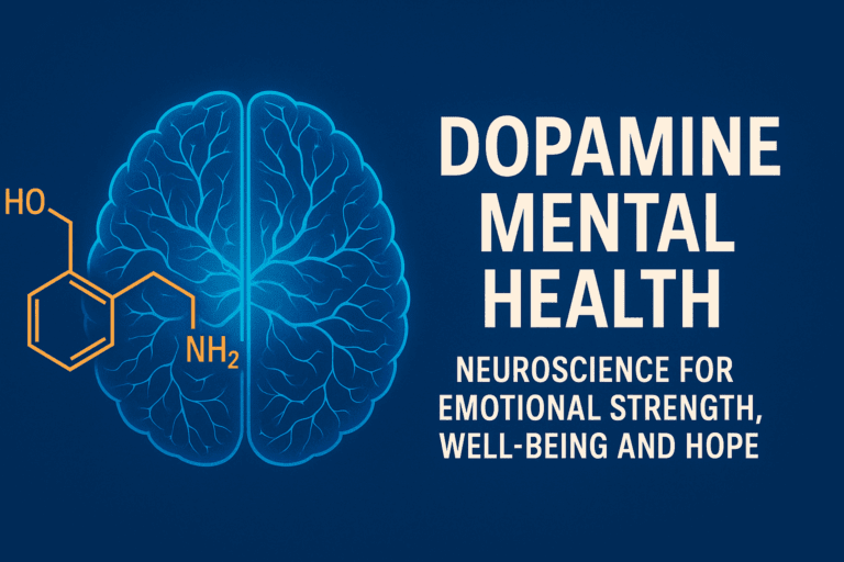 Dopamine mental health infographic showing dopamine molecule structure and brain illustration with text reading Dopamine Mental Health: Neuroscience for Emotional Strength, Well-being and Hope.
