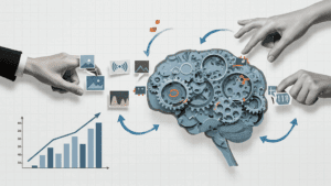 “Hands interacting with gears and charts inside a brain illustration, symbolizing the Neuroscience of Adaptive Leadership and decision-making.”