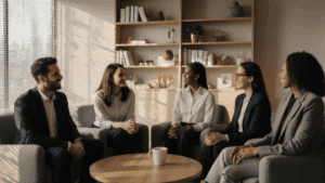 “Diverse team of professionals sitting in discussion, representing collaboration and empathy in the Neuroscience of Adaptive Leadership.”