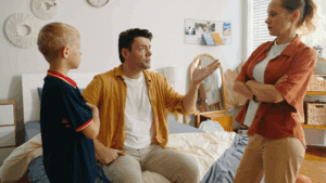 Family arguing in a bedroom, illustrating emotional triggers and conflict patterns in the neuroscience of contentiousness.