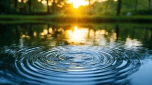 Ripple effect on calm water at sunrise, symbolizing reflection and the influence of strong thinking dispositions.