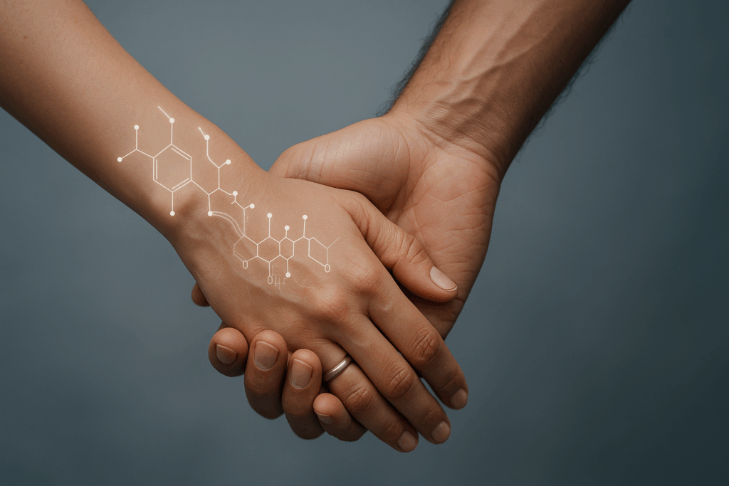Two people holding hands with molecular neuroscience structure glowing on their skin, representing dopamine and relationships bonding at the chemical level.