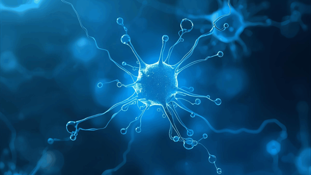 Glowing blue dopamine neuron with branching dendrites and synaptic connections, illustrating the neural networks activated through dopamine coaching.