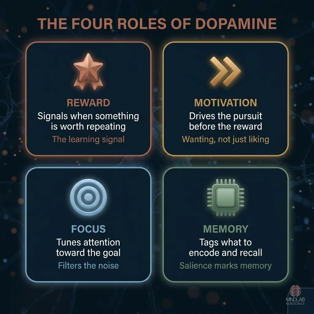 Brain dopamine system infographic highlighting four dopamine subsystems including reward, motivation, focus, and memory pathways.





