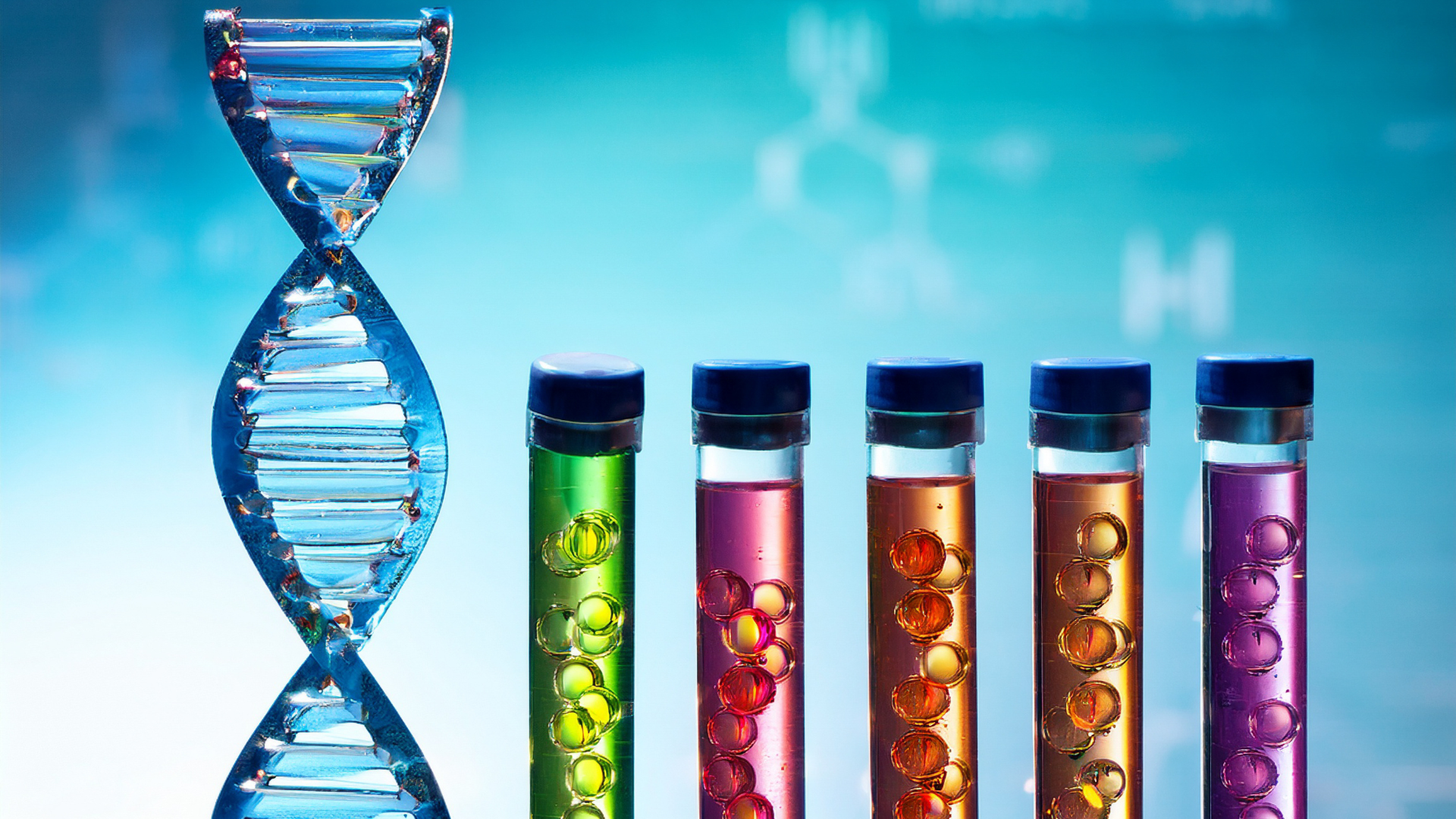 DNA helix and genetic testing samples for dopamine genetics personalized neuroscience analysis.