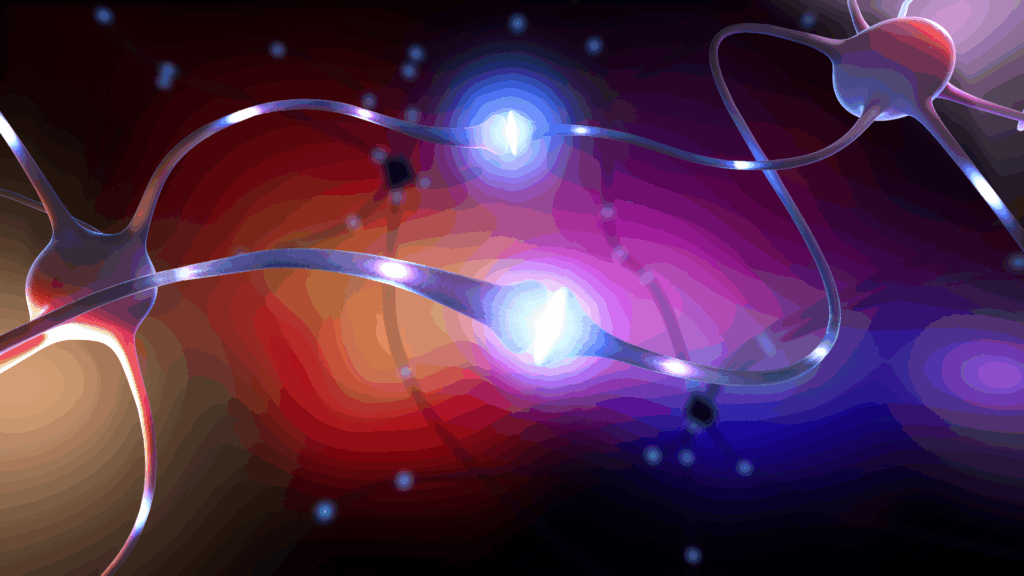 Abstract three-dimensional illustration of neural synapse showing glowing dopamine molecules transmitting signals across the synapse gap with red and blue highlights representing dopamine activity.