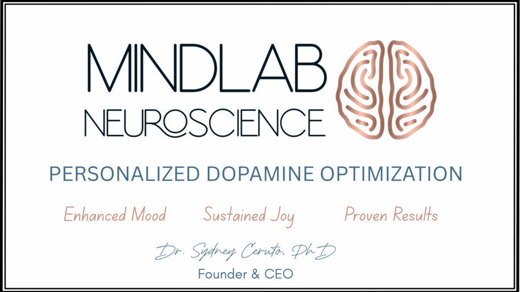 MindLab Neuroscience logo and brain icon with text "Personalized Dopamine Optimization," listing enhanced mood, sustained joy, and proven results, presented by Dr. Sydney Ceruto, PhD.