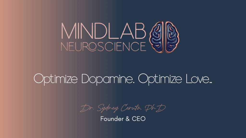 MindLab Neuroscience branding featuring a brain icon with tagline "Optimize Dopamine. Optimize Love" by Dr. Sydney Ceruto, founder and CEO.