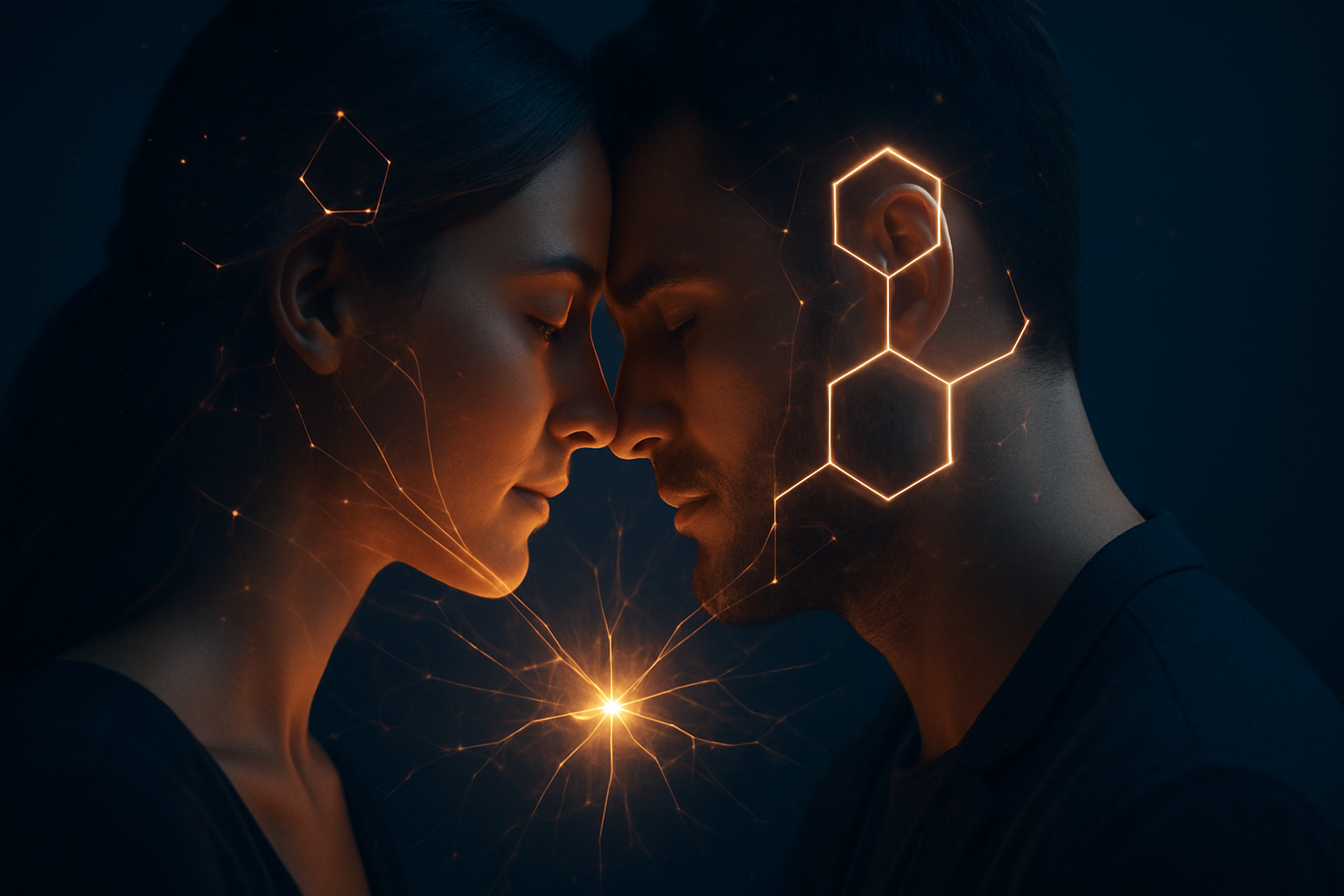 A couple in profile about to kiss with golden neon dopamine molecules and hexagonal structures glowing between them, illustrating dopamine and relationships activation.
