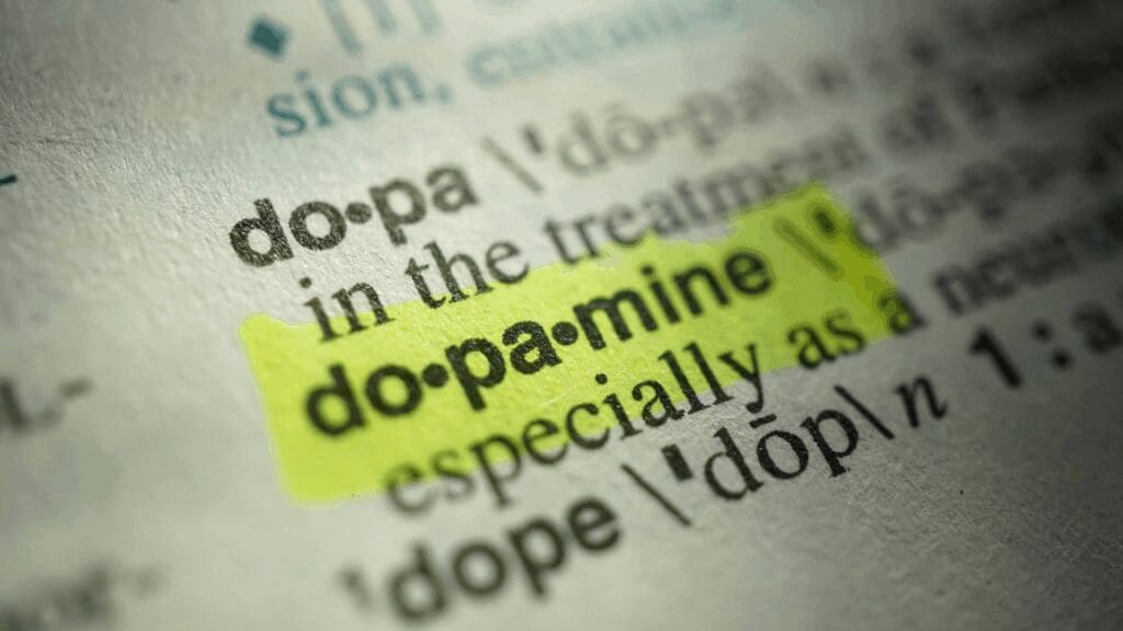  Dictionary page highlighting the word dopamine, connecting it to the concept of feeling like a loser.

