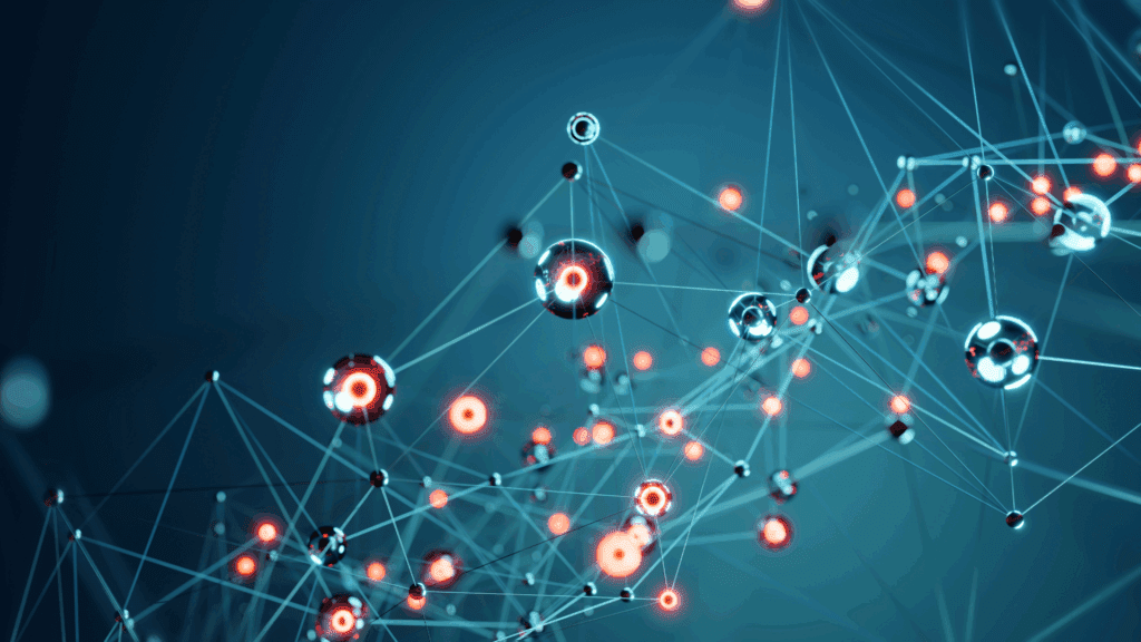 A digital network of connected spheres glows against a blue background, representing brain science in neuroscience coaching for executives.