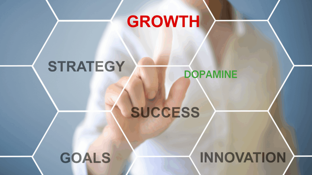 A businessperson points to growth, strategy, and success elements, illustrating topical authority in neuroscience-based coaching.

