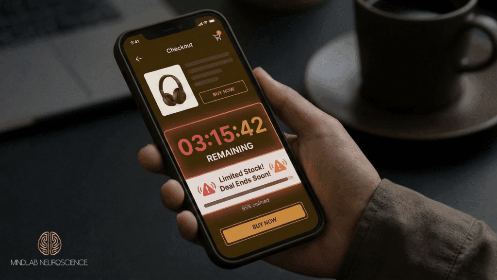 Person viewing Black Friday countdown timer on mobile phone with "limited stock" warning and urgency indicators