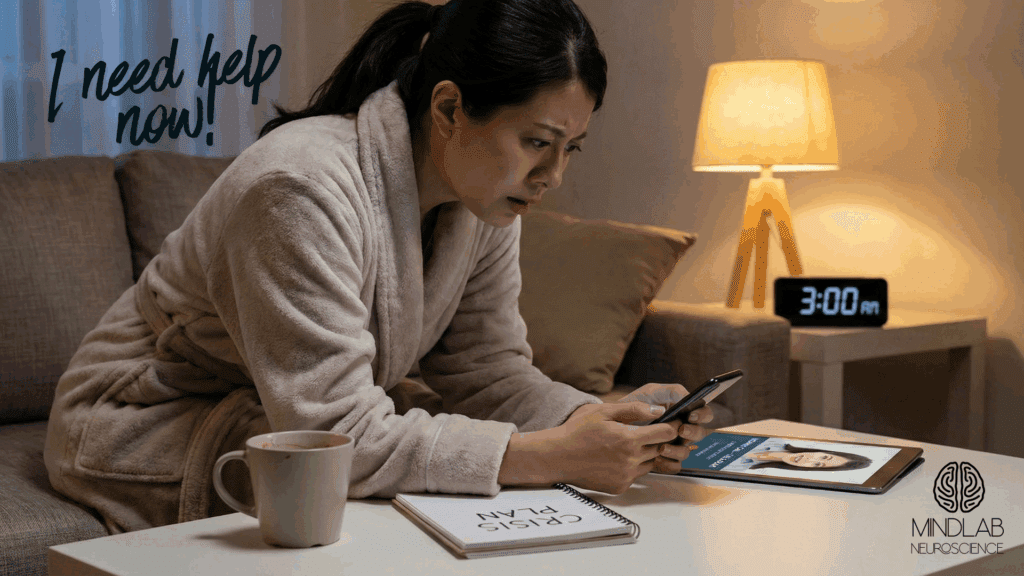 The woman, who was seeking urgent help at night, was equipped with a phone and notes, signifying her 24/7 access to neuroscience-based coaching support from Dr. Sydney Ceruto and MindLAB Neuroscience.