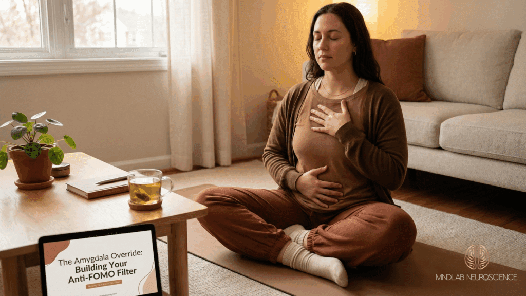 Woman practicing nervous system regulation with hand on chest doing deep breathing to activate parasympathetic response