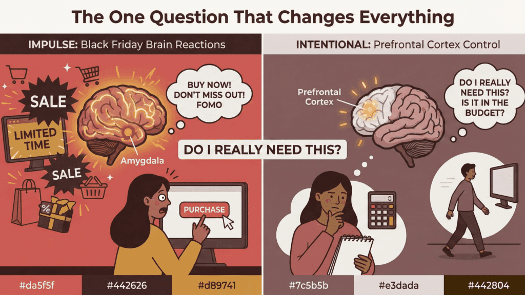 Executive's brain showing amygdala threat response activation during Black Friday shopping urges and scarcity marketing exposure
