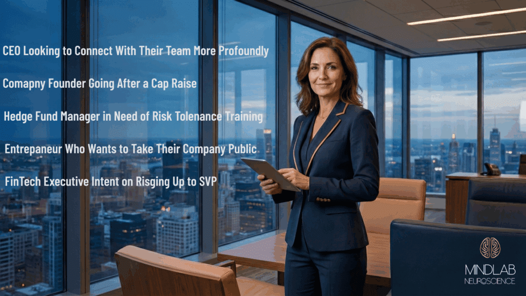 Executive professional holding tablet in high-rise office overlooking city skyline, embodying neuroscience-based coaching leadership strategies for corporate executives.