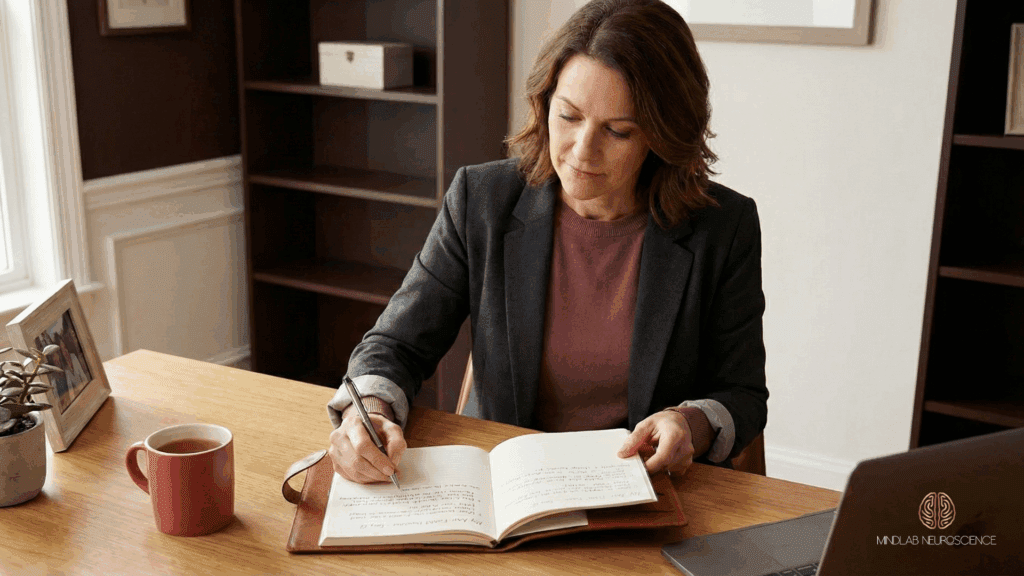 Executive woman writing in journal the three sub-questions exercise at desk for anti-FOMO Black Friday brain practice