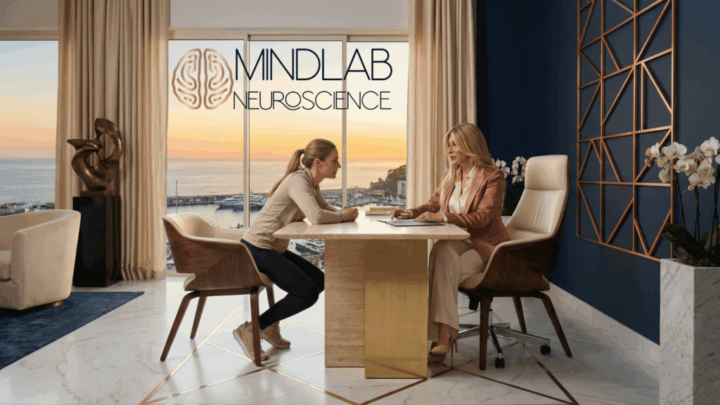 Professional neuroscience-based coaching session showing client and coach in consultation with ocean view and MINDLAB branding