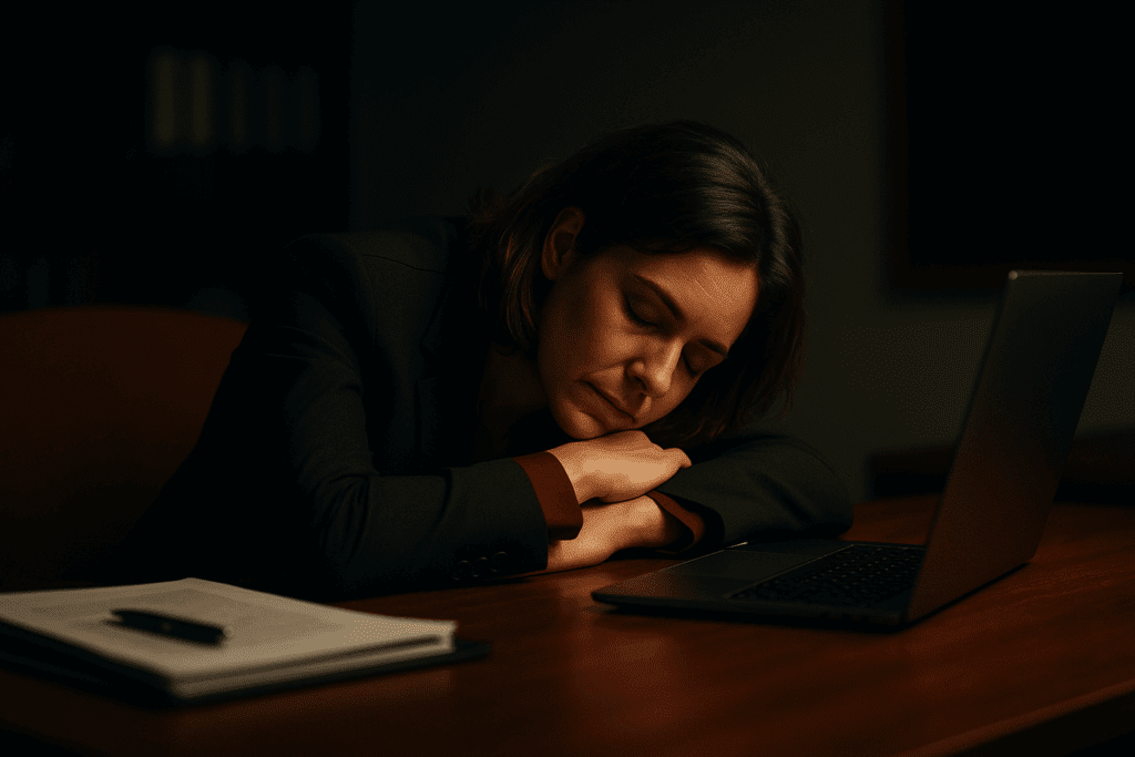 Professional woman at desk resting head on folded arms beside laptop, representing nervous system dysregulation and burnout prevention through energy management.