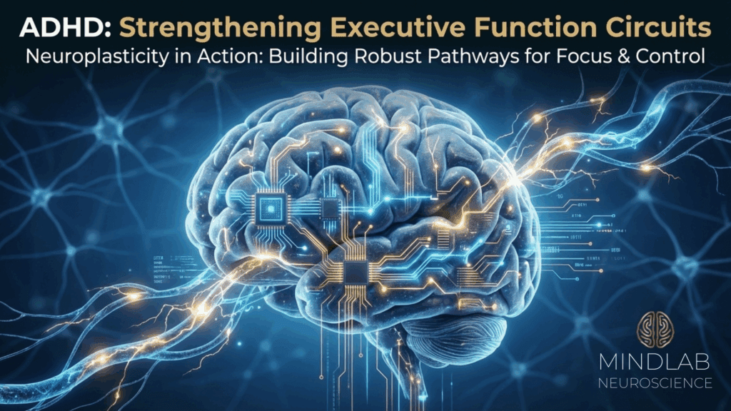 The brain exhibits glowing circuit board pathways, which demonstrate the strengthening of executive function circuits in ADHD through neuroplasticity and the establishment of robust focus control through neuroscience-based coaching.