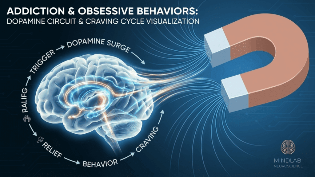 Brain dopamine circuit and craving cycle visualization showing trigger, dopamine surge, craving, behavior, and relief loop targeted by neuroscience-based coaching for addiction.



