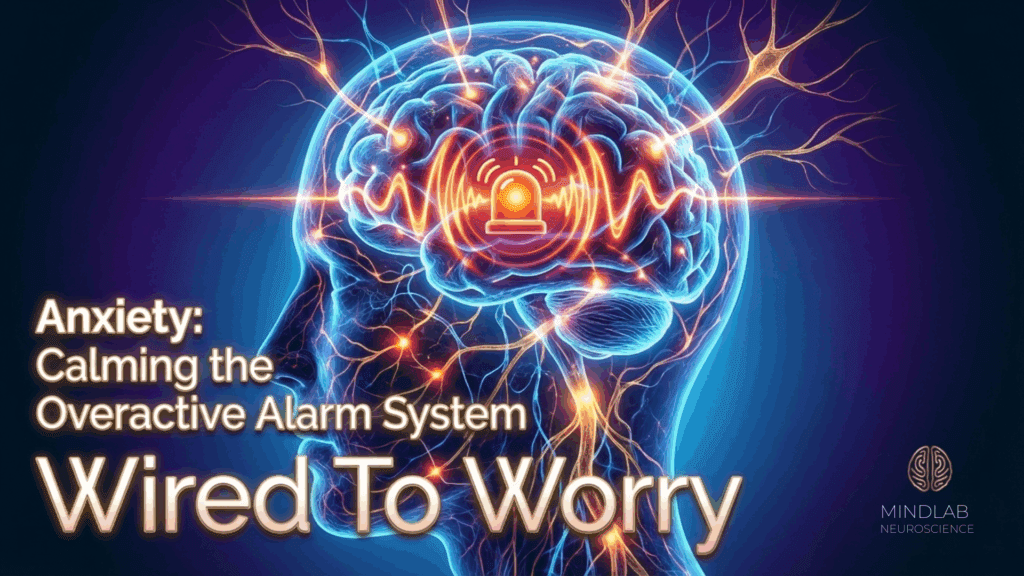 Brain with overactive alarm system showing anxiety wired to worry, demonstrating how neuroscience-based coaching calms the hyperactive amygdala and prefrontal cortex.