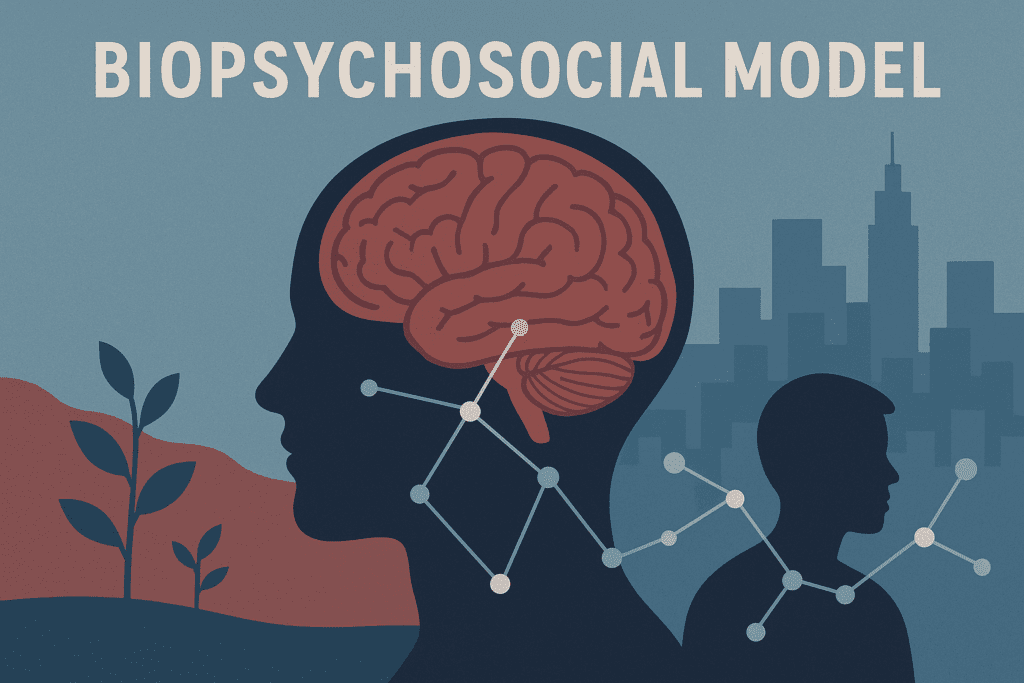 The image illustrates the biopsychosocial model, showcasing a human head, brain, molecular diagram, and urban nature as a backdrop for holistic wellness.