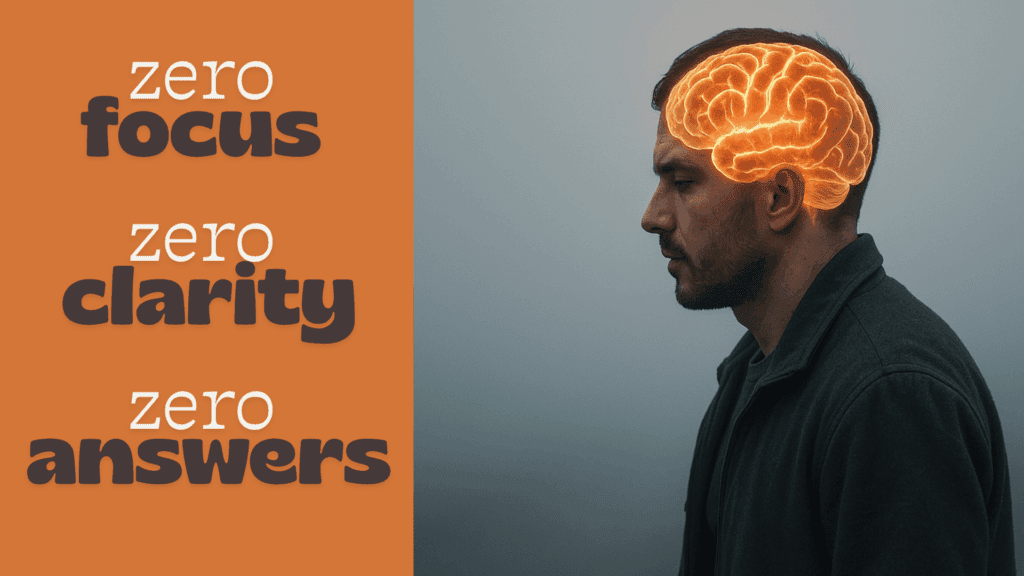 Side profile of a man with an illuminated brain and bold text highlighting zero focus, zero clarity, and zero answers associated with ADHD and brain fog.