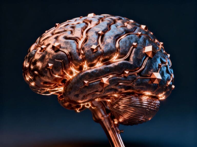 Artistic 3D rendering of a glowing brain, highlighting neural pathways and geometric shapes to represent brain neuroplasticity, brain injury recovery, neuroplasticity recovery, neuroplasticity and recovery, and brain plasticity and recovery.