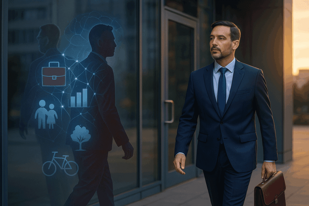 Businessman walking by glass reflecting neural networks and icons indicating you need to to work on separating yourself from work and your self-worth.
