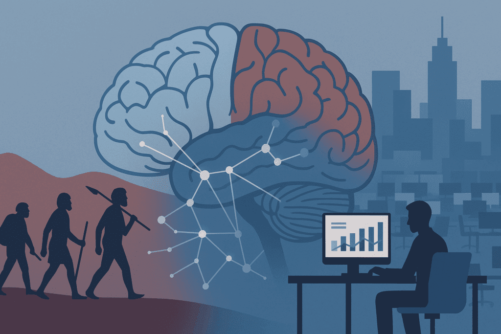 Evolution-themed image connecting early humans with the modern workplace, brain anatomy, and neural network for career and identity insights.