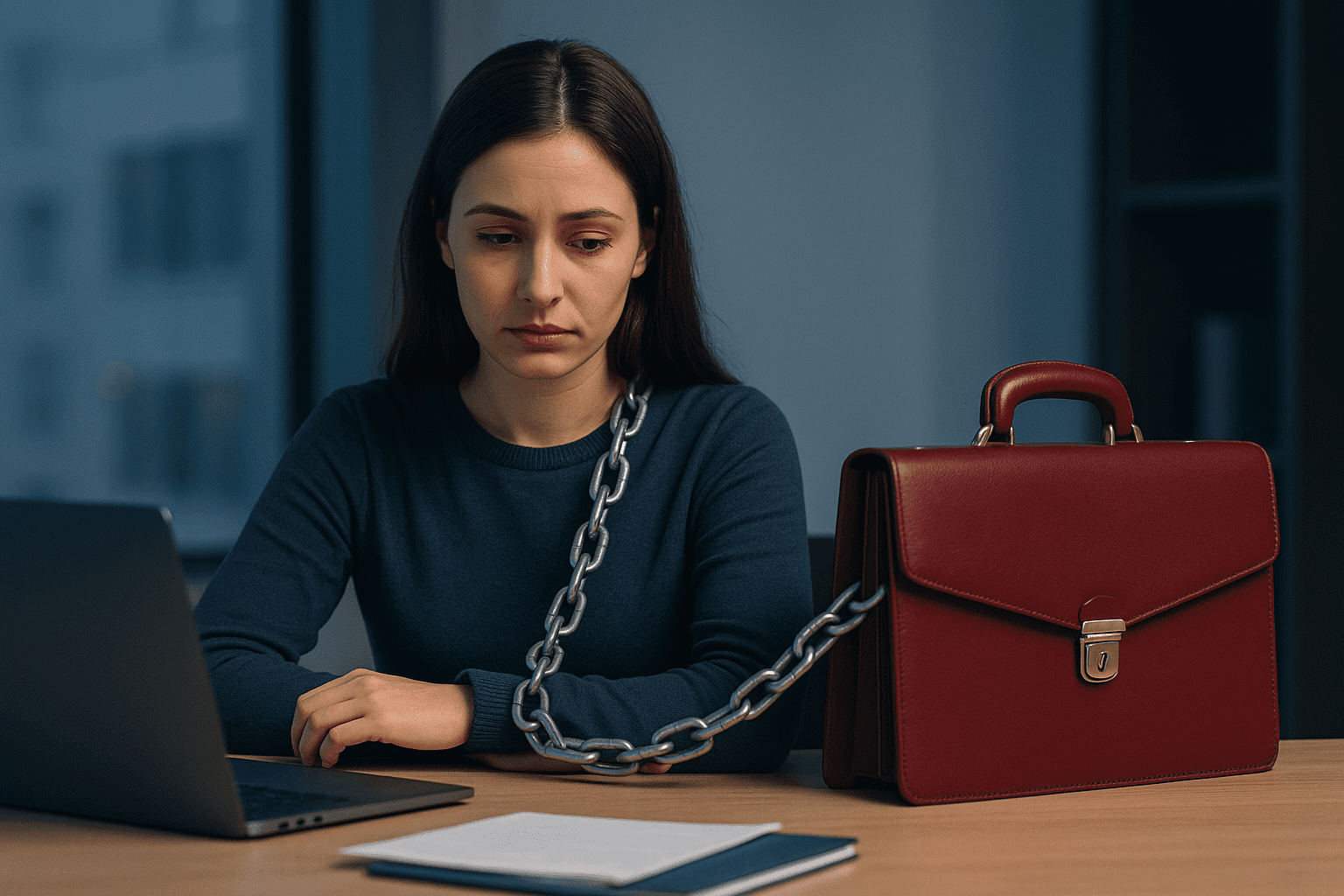 A woman at a desk symbolically chained to a briefcase, portraying overattachment to career and workplace identity at the expense of well-being.