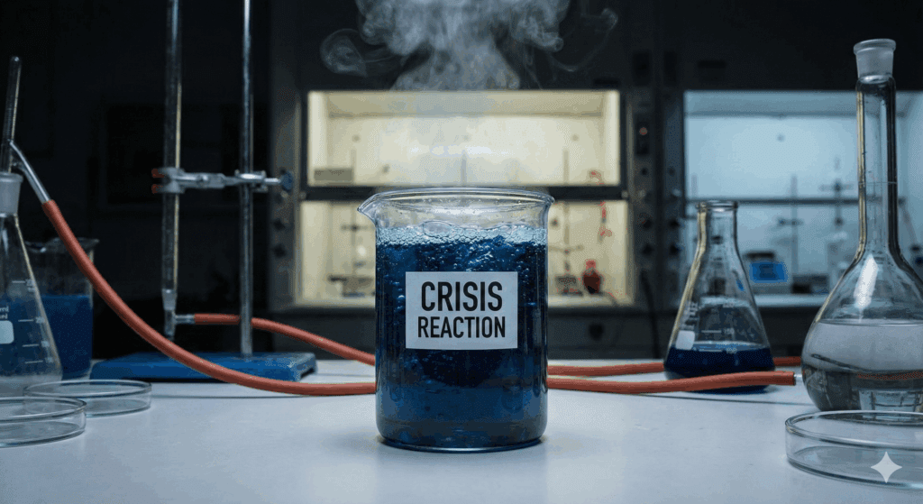 Beaker with Crisis Reaction label and blue liquid showing neurotransmitter dysregulation in the neuroscience behind suicidal ideation.
