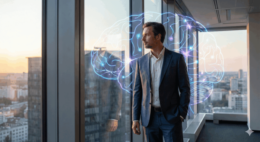 Executive leader contemplating neural pathways and brain visualization symbolizing neuroscience of behavior change and executive decision making in high rise office environment



