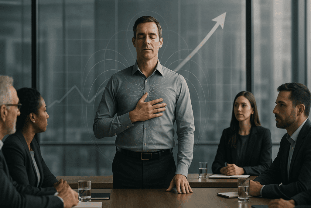 Calm executive leading team with emotional intelligence and sustainable change demonstrated through nervous system regulation and upward performance trajectory visible