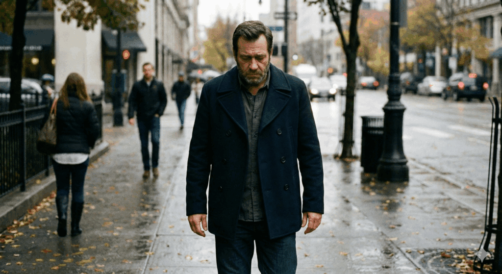 Man walking alone on rainy city street with head down symbolizing depression, emotional numbness, and need for neuroscience-based coaching support.


