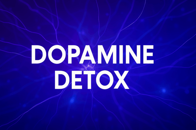 Bold text display of "dopamine detox" on a purple neural network background, illustrating neuroscience-based approaches to brain optimization and reward system restoration.