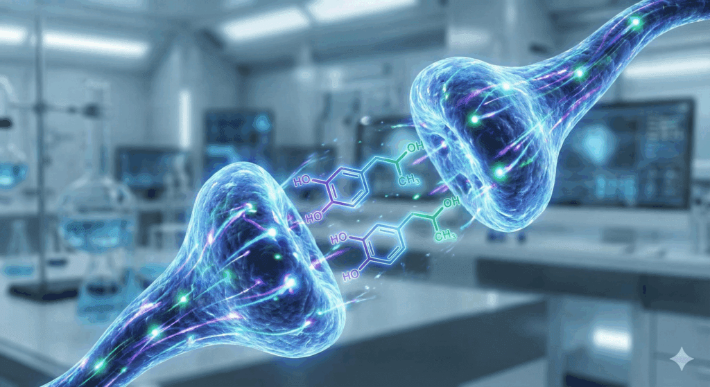 Synaptic connection with dopamine molecules transmitting across neurons showing reward learning in neuroscience of behavior change motivation systems



